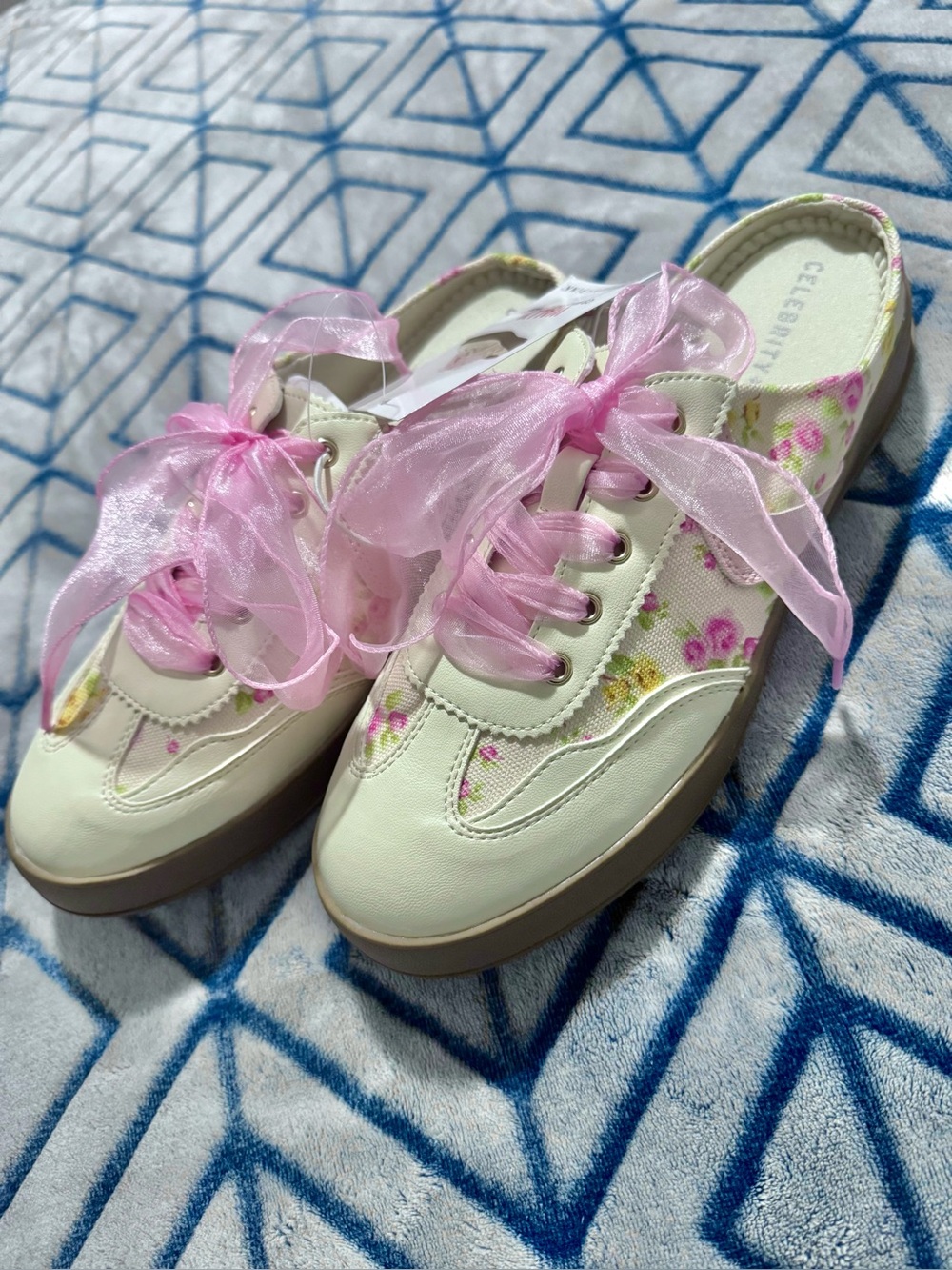 Celebrity Pink Backless Sneakers Mules Cream/Pink Floral Sheer Ribbon Laces